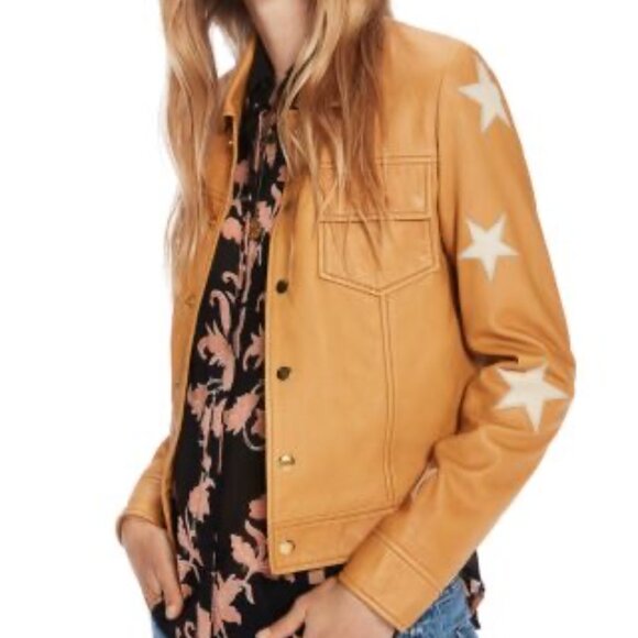Maison Scotch Tan Star Print Leather Jacket XS - Picture 6 of 7